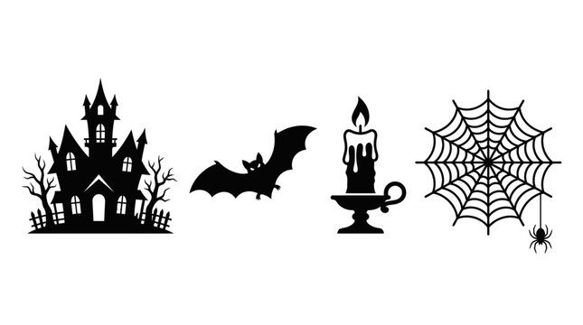 Halloween icons displaying a haunted house, flying bat, burning candle, and spider web create a spooky seasonal theme.