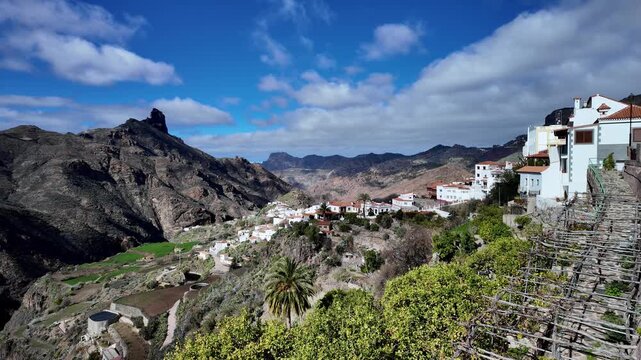 Tejeda Village and Volcanic Caldera Landscape Pan in Gran Canaria Spain