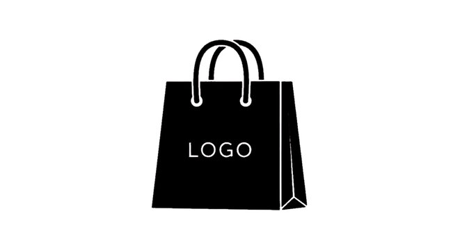Minimal black silhouette icon, simple flat vector, bold black shape, no, no shading black shopping bag icon with logo placeholder on a, flat icon style
