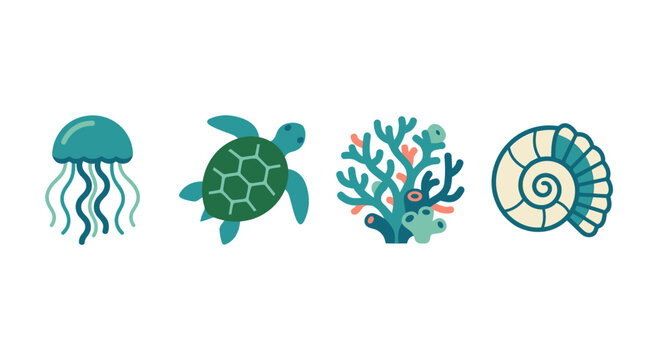Jellyfish, sea turtle, coral reef, and ammonite fossil icons represent prehistoric and modern marine life in a clean graphic set.