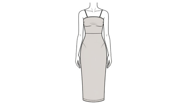 A 2D CAD Vector illustration of a woman wearing a strapless dress standing still