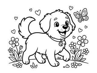 Cute dog standing in flowers with butterfly and hearts around happy scene
