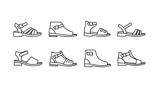 Collection of flat line art shoe illustrations with buckles and straps for fashion design
