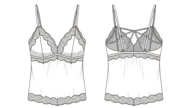 2D CAD Vector illustration of a lingerie top with lace details