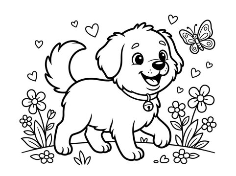 Cute dog standing in flowers with butterfly and hearts around  happy scene