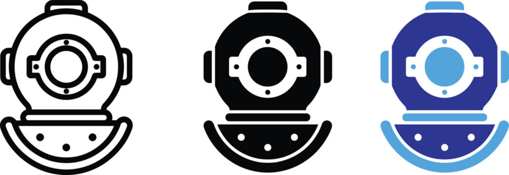 Vintage deep sea diving helmet marine exploration vector icons illustration.