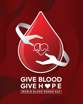 World donor blood day - Give blood give hope text and long line hands hold roll cross drop blood with heart wave in heart sign on dark red background vector design