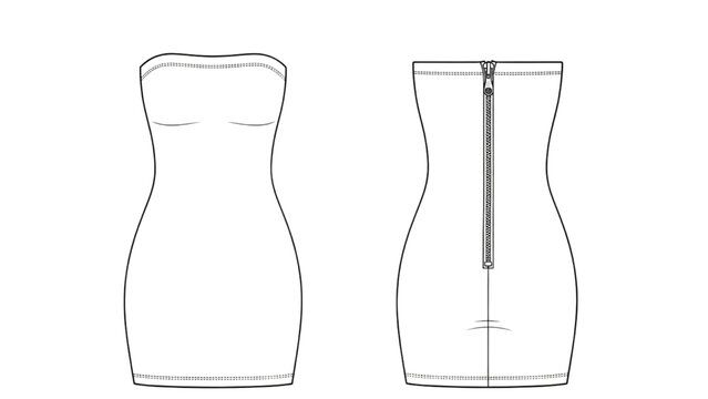 2D CAD Vector illustration of a strapless dress design with zipper