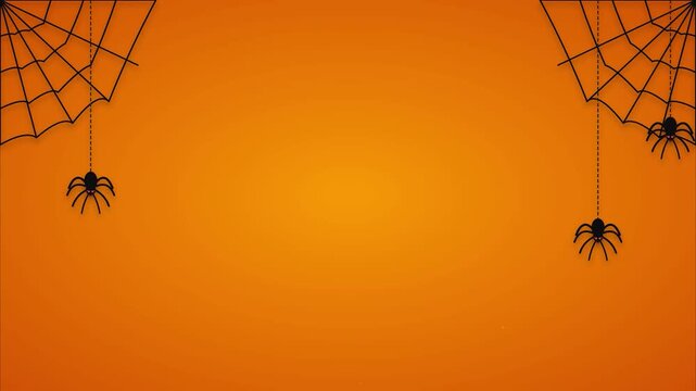 Black spiders dangling from webs minimalist orange background halloween holiday motion graphic