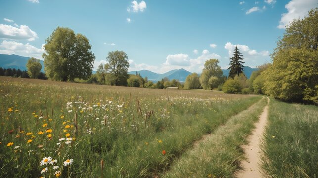 Serene Springtime Meadow Scene in Zollikon Zurich Switzerland with Blooming Wildflowers and Peaceful Natural Landscape Beauty