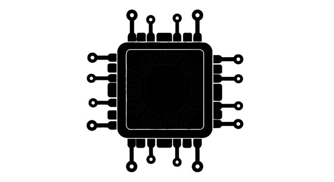Minimal black silhouette icon, simple flat vector, bold black shape, no, no shading microchip processor icon on a, flat icon style