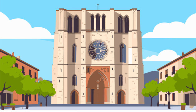 Parisian cathedral facade with rose window, gothic architecture, city buildings, and trees