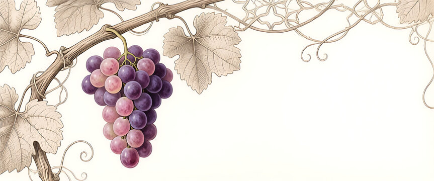 Grapes on vine botanical illustration vintage style isolated detailed.