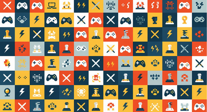Gaming tournament grid pattern with pixelated controller and joystick icons