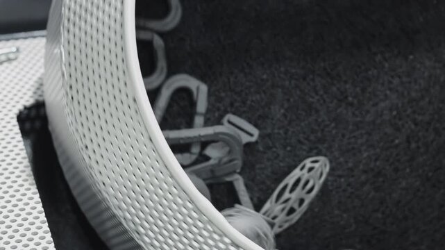 Post processing of 3D printed plastic components inside an industrial finishing drum. Automated manufacturing process prepares additive manufactured parts for final use.