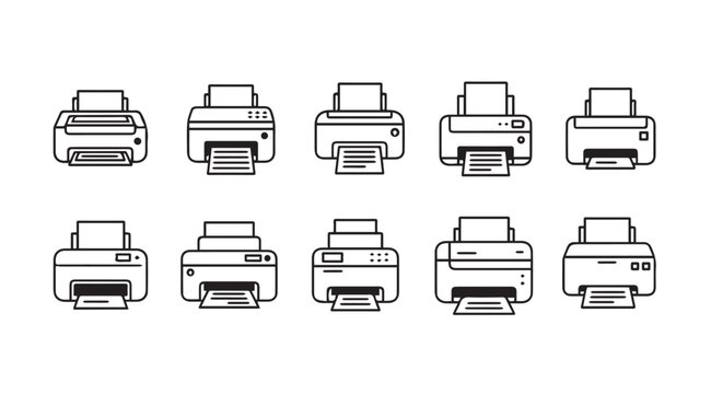 Collection of modern flat design printer icons on white background for technology concepts