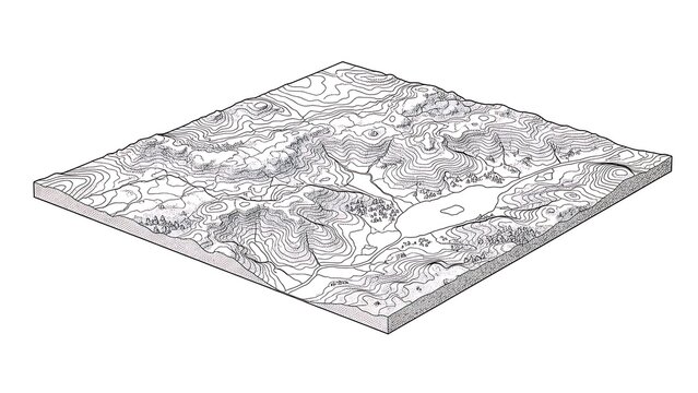 Isometric topographical map depicting a hilly terrain, with a lake and detailed contour lines