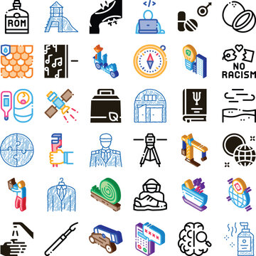 Set of hand drawn scratch style icons depicting various ideas including technology, construction, medicine, social issues, and everyday objects, offering a wide range of visual metaphors