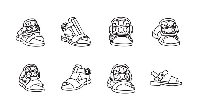 Collection of outline children's sandals with buckles and straps in a clean graphic style
