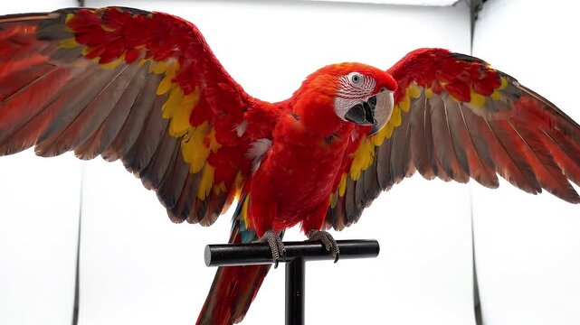 Scarlet macaw spreading wings on perch