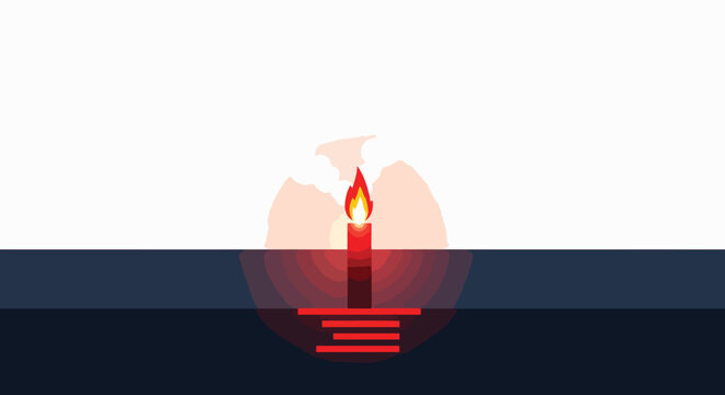 A minimalist illustration of a single red candle with a flame burning atop a stack of horizontal lines against a semi-transparent orange circle on a dark blue background.