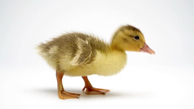Cute fluffy duckling waddling on white