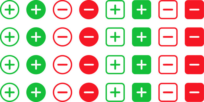 Plus and minus sign set green circles and red squares positive and negative indicators