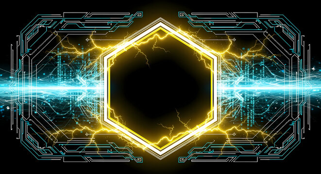 Cybernetic Technology Hexagon Frame with Electric Lightning