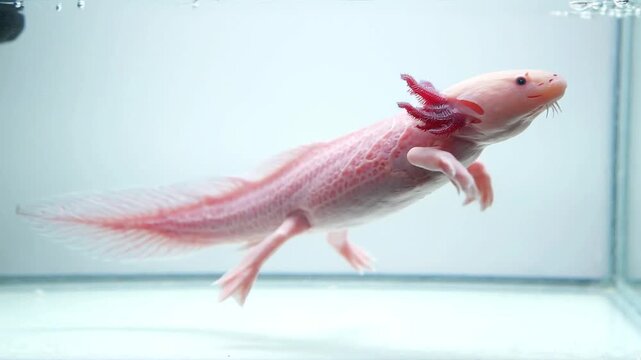 Pink axolotl swimming in clean aquarium
