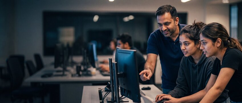 Indian software developers learning coding on computer with male teacher pointing at screen in shadowy modern office, working on tech engineering projects with cooperative corporate teamwork dynamics.