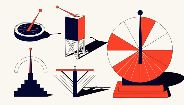 Very beautiful collection of contemporary sundials featuring geometric structures, elegant shadows, and architectural inspiration, isolated in premium vector illustration style.