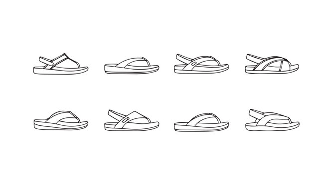Collection of sandal outlines with varied straps and sole designs in a clean graphic style