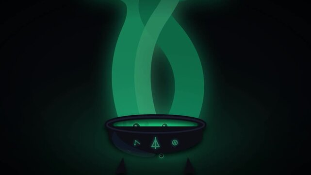 Magic cauldron with bubbling glowing green potion and mystical smoke rising in pixel art flat style for fantasy game assets and occult atmosphere background