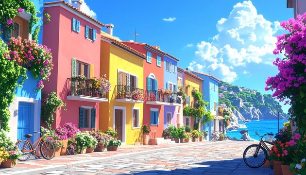 A charming coastal town with colorful houses, flower-filled balconies, bicycles, and sunny summer weather, detailed illustration