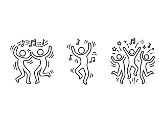Fototapeta premium Dancing stick figures collection featuring happy people celebrating with music notes in a simple line style
