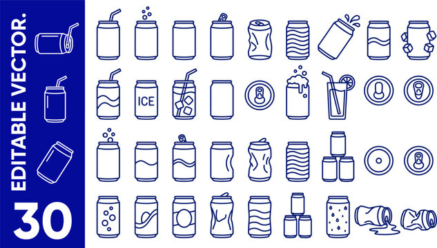 Beverage container collection 30 line art icons for drinks cans cups and accessories