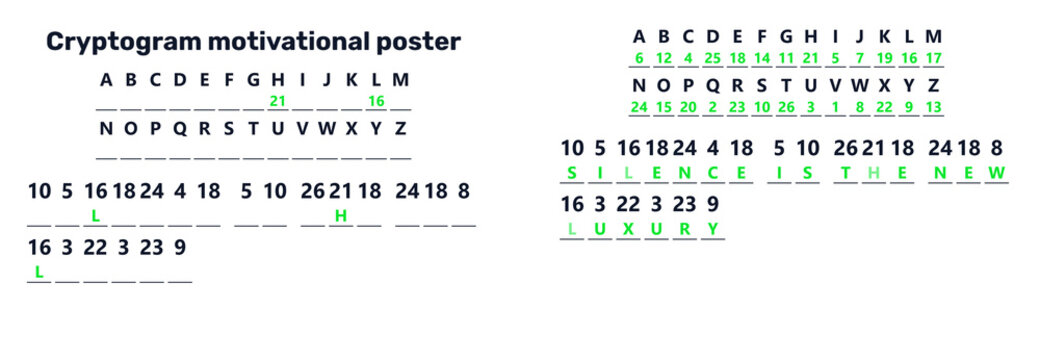 Cryptogram motivational poster featuring a secret code game. Hidden message puzzle showing unsolved and solved states. Decoding activity with alphabet key and numbers on a white background