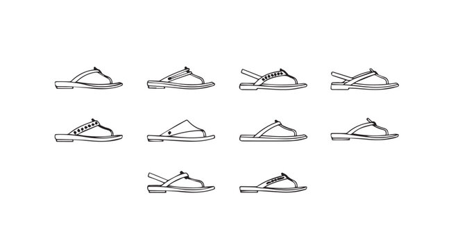 Collection of ten simple sandal designs with subtle embellishments on a white background