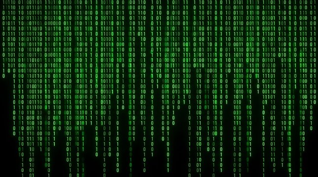 Green Binary Code Digital Matrix Data Stream on Black Background