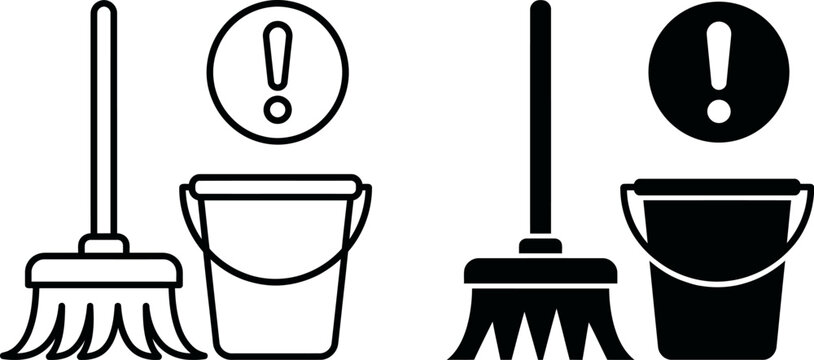 Cleaning supplies warning icon set broom bucket and exclamation point vector illustration