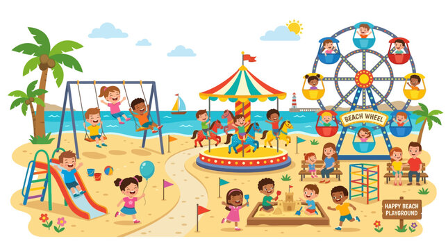 Happy children playing on beach playground with carousel and wheel