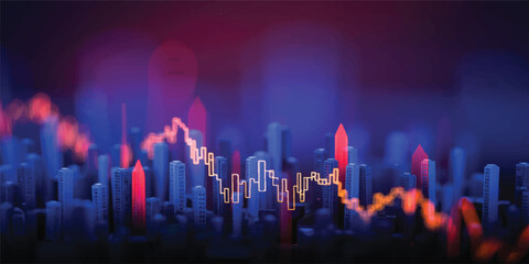 Obraz premium Red sound wave glowing over a night city skyline with urban lights and fountain show atmosphere