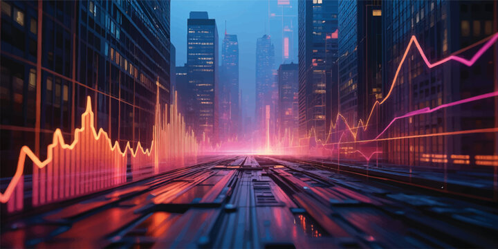 Abstract digital city background with glowing binary lines, motion lights, and urban traffic at night