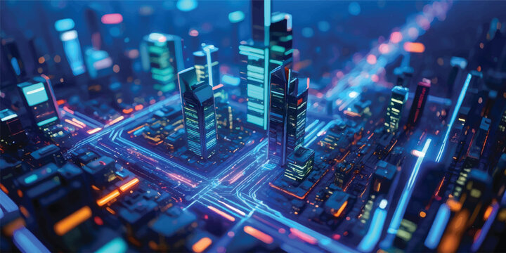 An intricate closeup of an electronic motherboard features a green circuit board and hardware components like a microchip processor, glowing with tech digital light spots and fiber optics