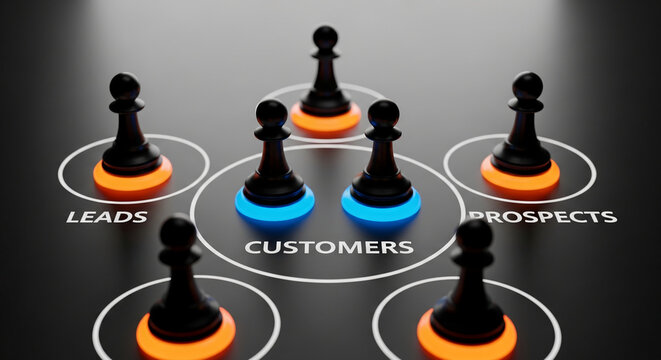 Black chess pawns on a dark surface, with illuminated bases, symbolizing customer journey stages: leads, prospects, and customers