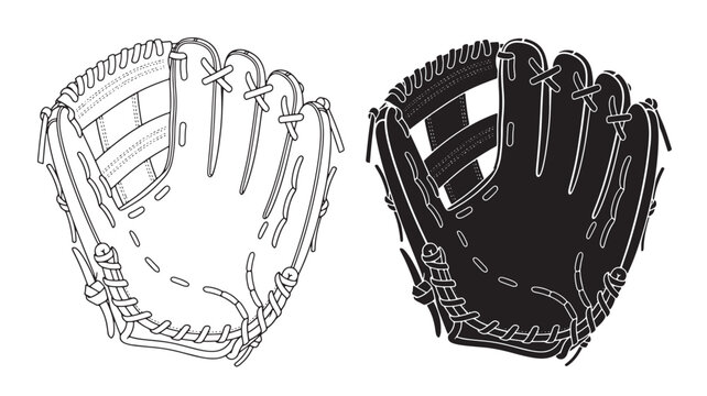 Baseball Glove with Black and White Design and Detailed Stitching Featuring Sports Equipment, Catcher's Mitt, Leather with Hand-Drawn and Vector