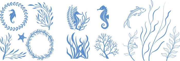 Marine Life Hand Drawn Doodle Border with Seahorses, Coral, Seaweed, and Ocean Elements. Coastal Nature Sketch Collection. Minimal Blue Vector Design for Underwater and Beach Themes. © Khadiza