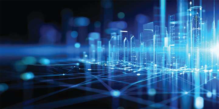 An abstract blue technology background featuring futuristic fiber optics network lines and glowing digital light spots for a modern data business wallpaper design
