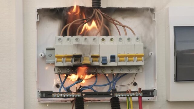 Fire in electrical panel box with protection circuit breakers on wall in room in home