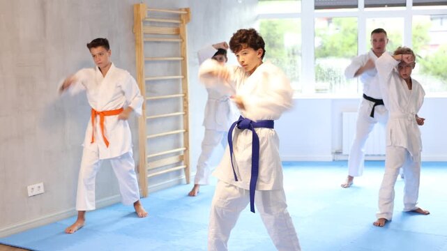 Diligent attendee of karate classes practicing kata standing in row with others in sports hall